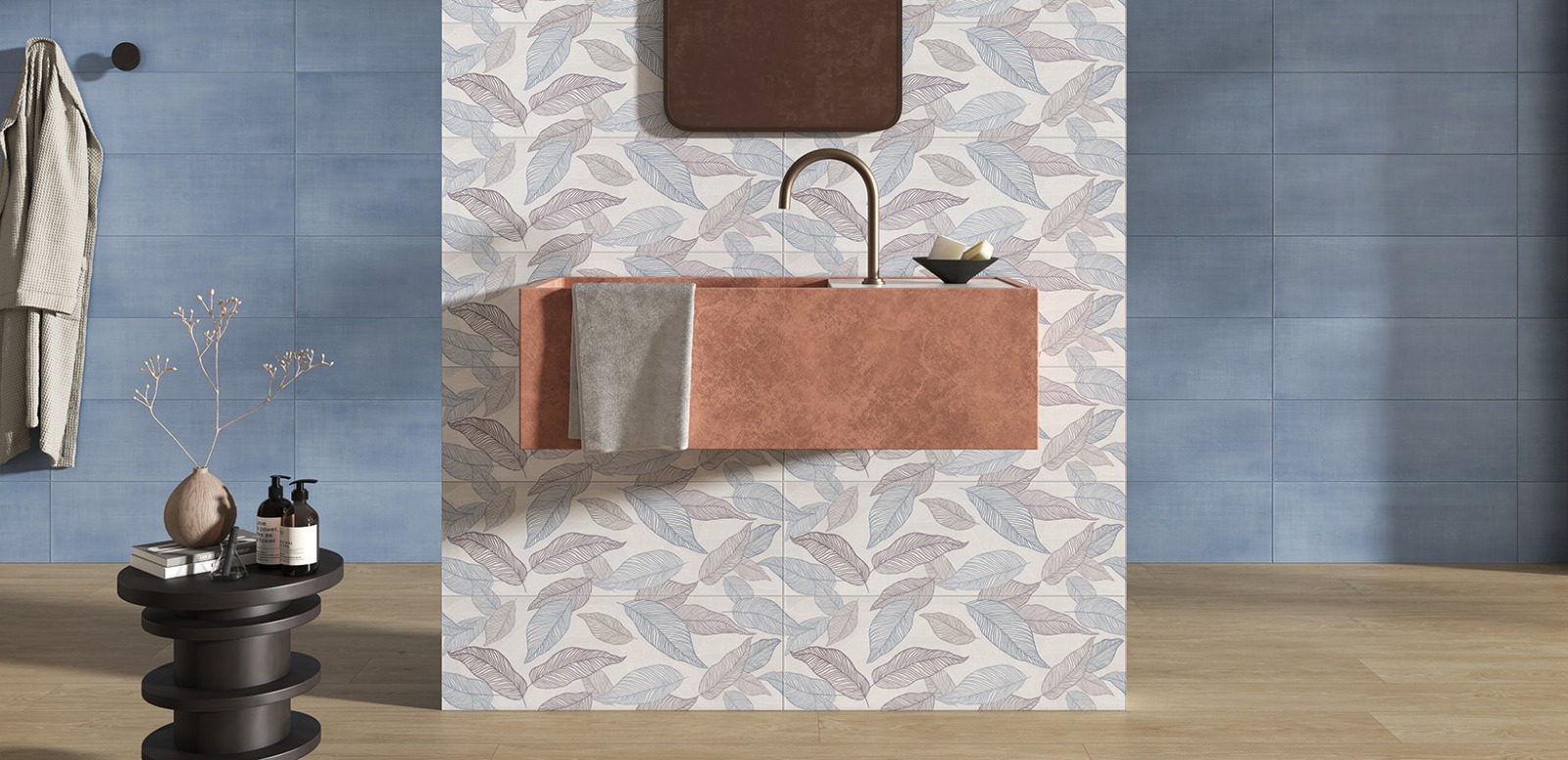 Elegant bathroom interior showing porcelain wall tiles and LED mirror lighting