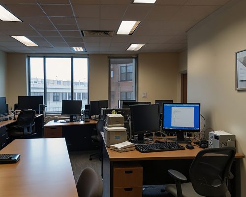 View of chairs placed in office cubicles